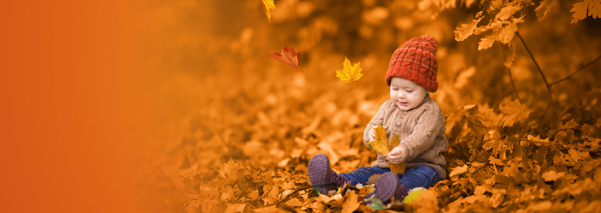 baby playing in fall leaves representing home insurance