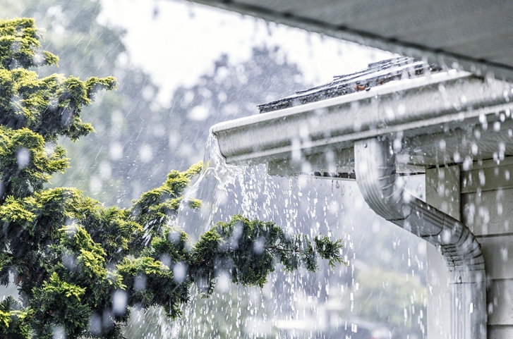Eavestrough over flowing with rain