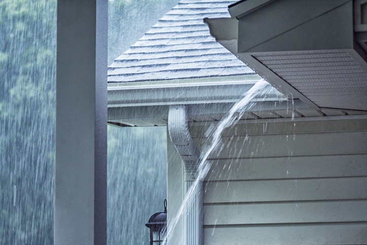 Eavestrough on house overflows with rain water.