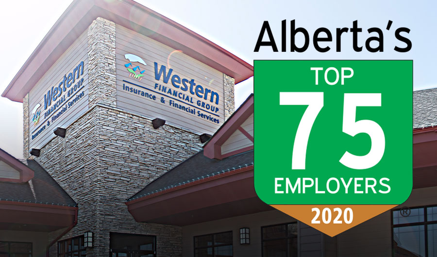 Alberta's Top 75 Employers logo (a shield) is superimposed over Western Financial Group's headquarters.